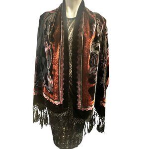 Silk Velvet Floral Fringe Shawl Scarf Wrap Rust Purple Black 76" X 20"